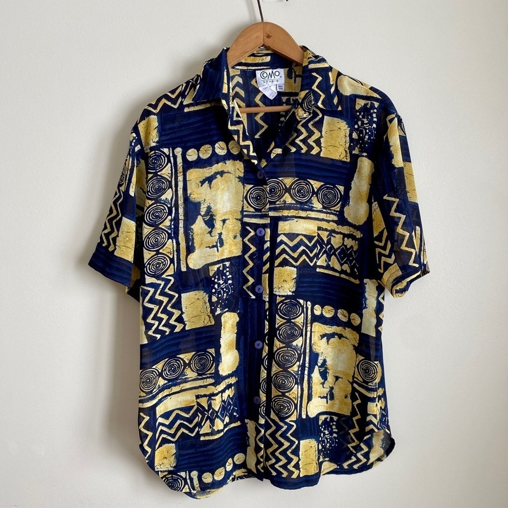 Vintage Como Studio | Navy Gold Abstract Funky 90s Sheer Blouse